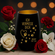 Laden Sie das Bild in den Galerie-Viewer, Trauerlicht für Haustiere - Windlicht für verstorbene Hunde, Katzen und andere Haustiere in weiß gold