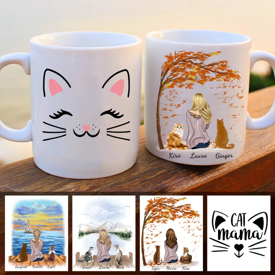 Personalisierte Katzentasse mit Frau und Katze - Bis 8 Katzen inkl. Spruch