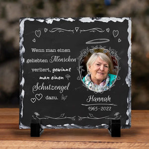 Gedenktafel aus Naturschiefer für verstorbene Menschen mit Foto und Spruch - Personalisierbare Trauertafel