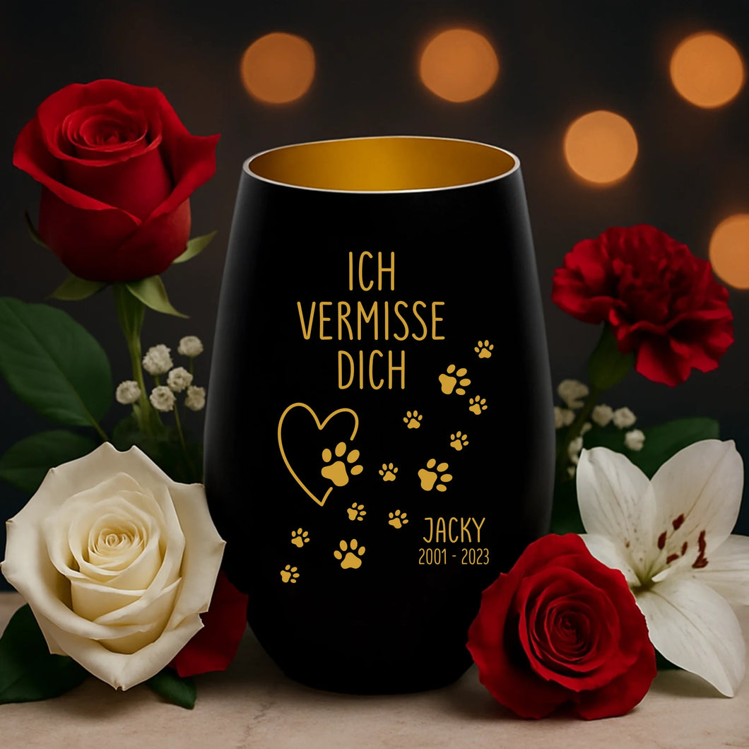 Trauerlicht für Haustiere - Windlicht für verstorbene Hunde, Katzen und andere Haustiere in schwarz gold