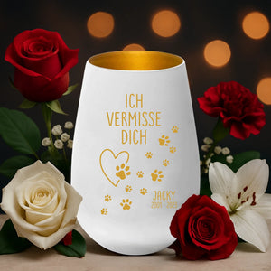 Trauerlicht für Haustiere - Windlicht für verstorbene Hunde, Katzen und andere Haustiere in weiß gold