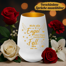 Laden Sie das Bild in den Galerie-Viewer, Trauerlicht für Haustiere - Windlicht für verstorbene Hunde, Katzen und andere Haustiere in weiß gold
